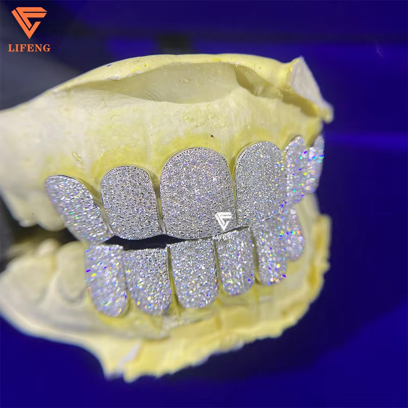 Moissanite Grillz for Teeth Diamond Hip Hop White Gold Plated 925 Sterling Silver Grillz Custom Iced Out Grillz Fashion Jewelry