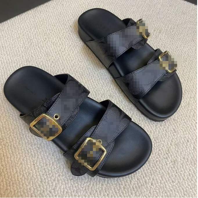 Fashion Slippers Sandals double Straps Ladies Feel Calfskin Leather sandals mens womens Metal Buckle Summer Beach Slides sandals AA