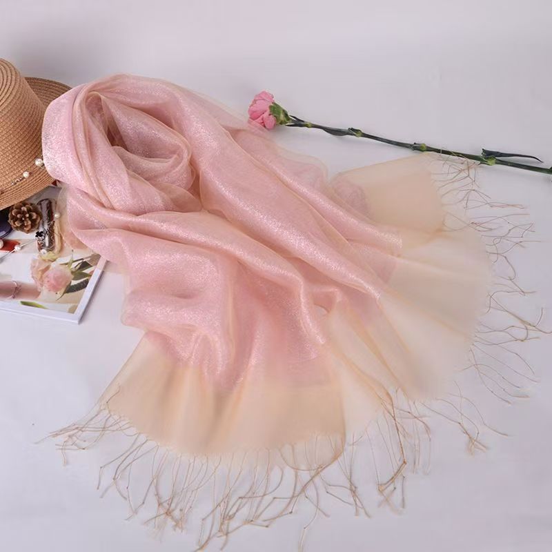 T300 Spring and Summer Silk Scarf Shawl Double-layer Contrast Gold Tassel Silk Organza Beach Scarf