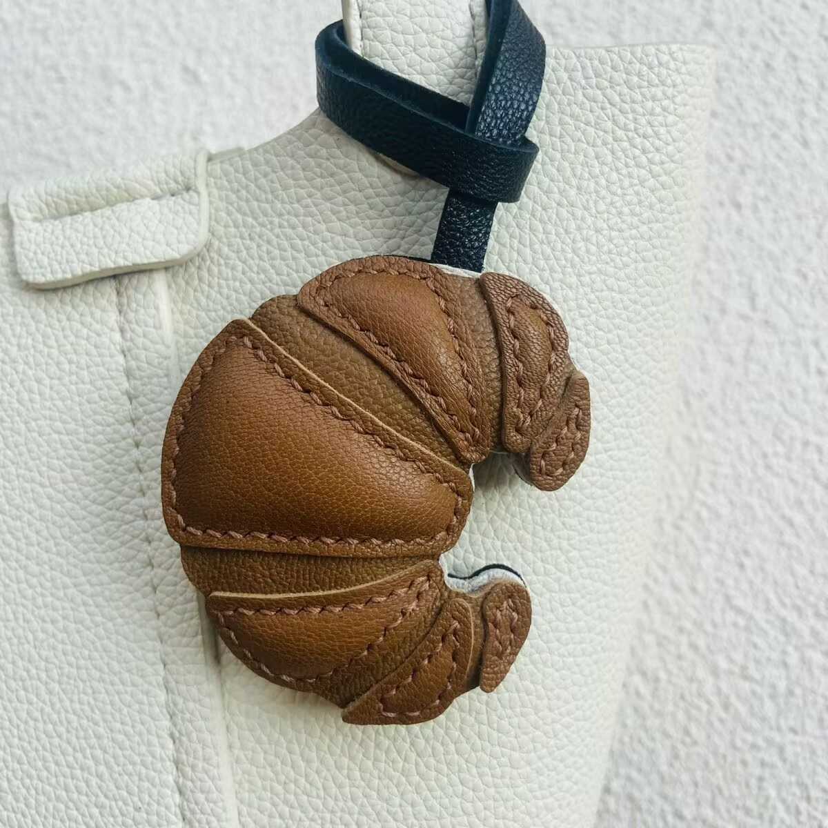 Handmade leather croissant charm keychain Y241121