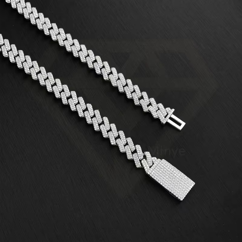 Hip Hop Cuban Chain 20inch 2rows VVS Moissanite Diamond 925 Silver 18k White Gold Plated Cuban Link Necklace