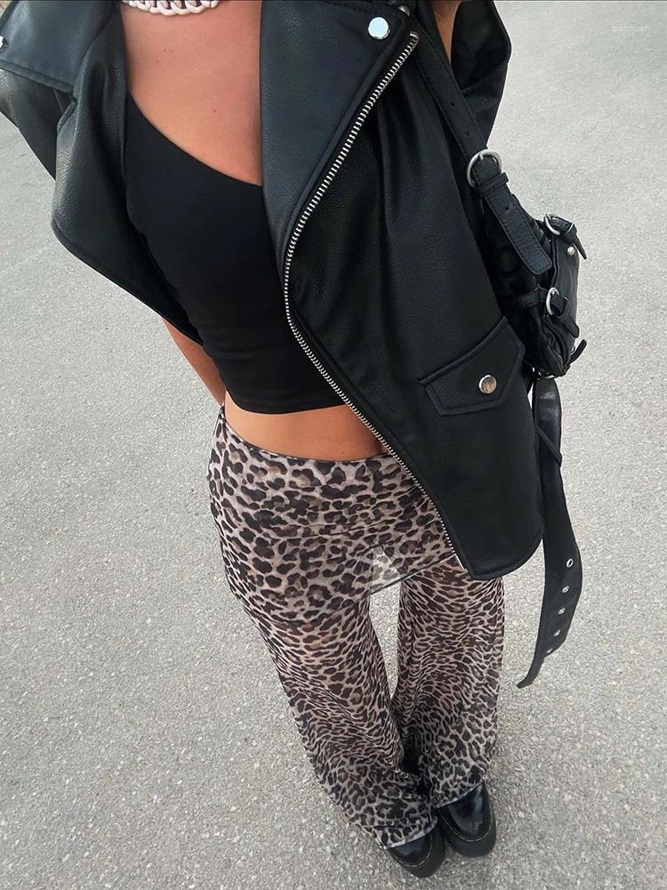 Women's Pants Mozision Mesh Leopard Print Trousers Woman Fashion High Waist Wide Leg Female Elegant Printed Long Bottoms
