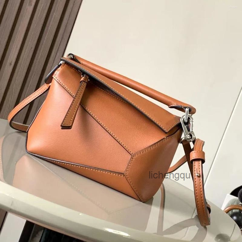 purse Shoulder Bags Calfskin Geometric Puzzle Bag With Detachable Adjustable Strap And Herringbone Cotton Canvas