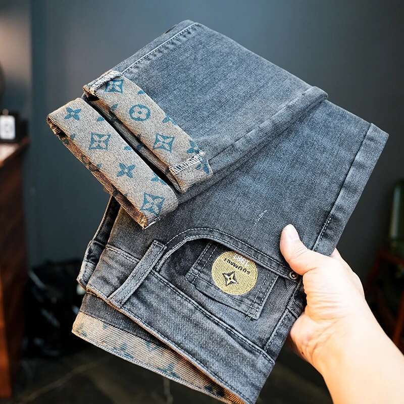 2025 new soft and elastic fashionable slim fit corrugated denim pants men's spring straight leg high street pants elastic waist retro casual desi