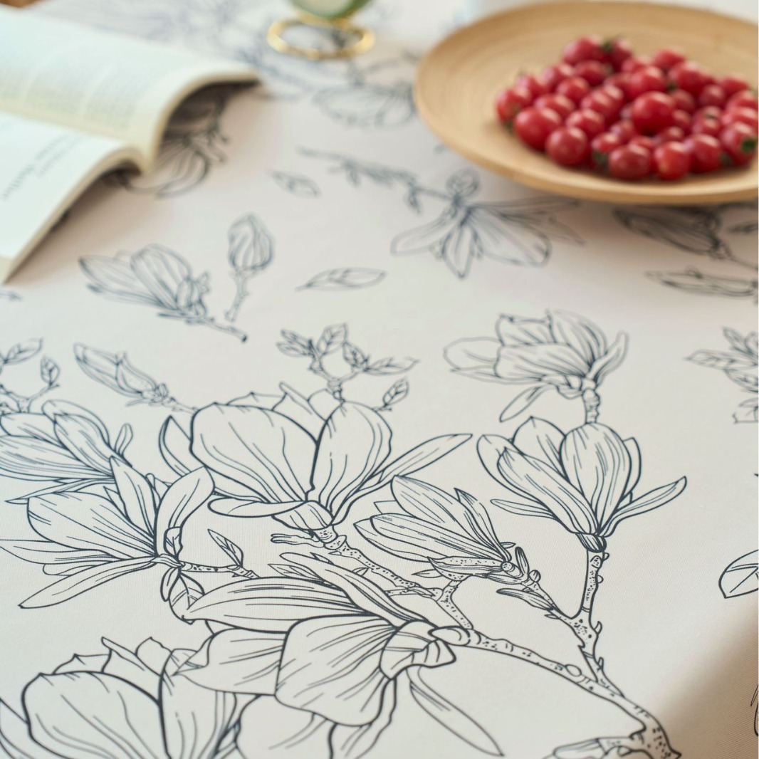 Rectangular tablecloth waterproof, oil-proof and scalding-proof white printed magnolia fabric table mat J8MB01