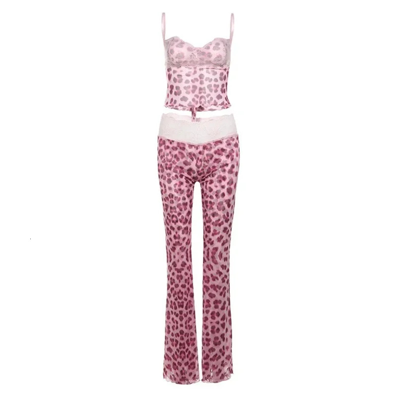 Pink Lace Patchwork Leopard Print Women Sexy Mesh 2 Piece Set Camisole Crop Tops Flare Pants Wild Club Party Matching Suits 250312
