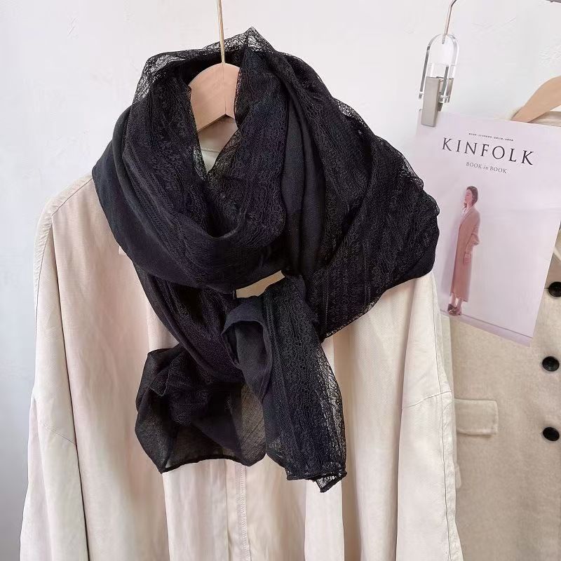 T304 Spring and Autumn new lace splicing versatile scarf female long fashion neck shawl literary cotton and linen thin silk scarf