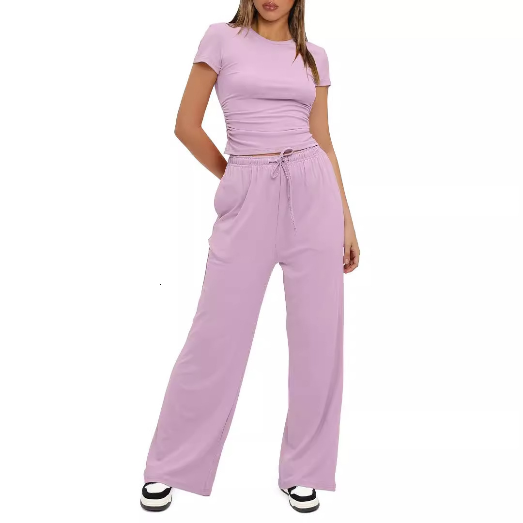 New Solid Color Casual Set Pleated Short Sleeve T-shirt Two Piece Top High Waist Wide Leg Pants Sportswear