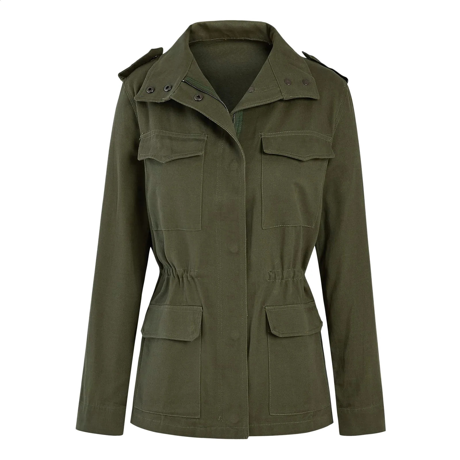 Autumn Womens Waist Seasoning Jacket Retro Green Multi Pocket Collar Button Solid Color 250317