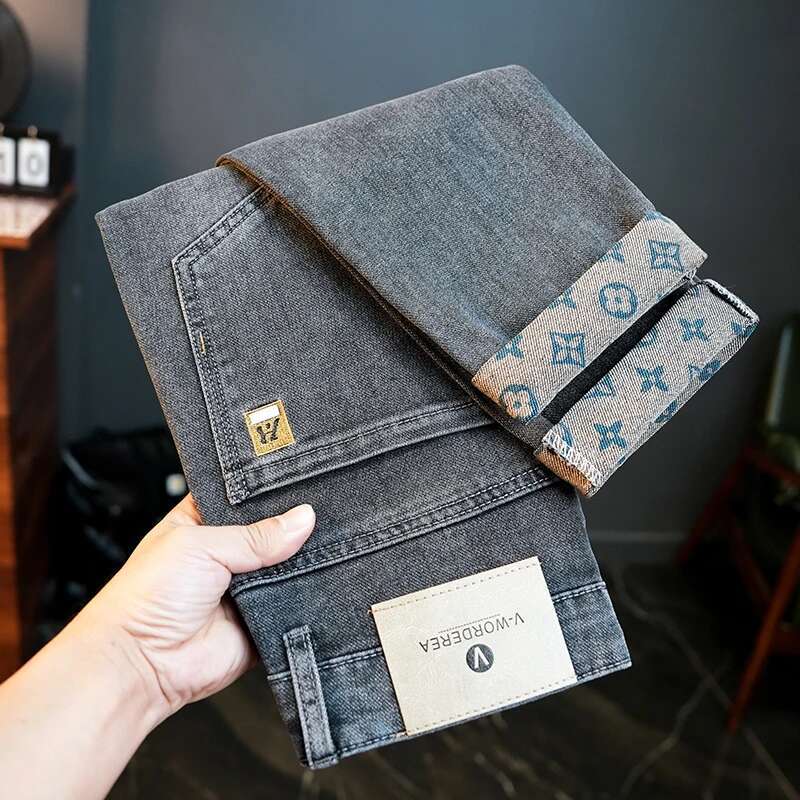 2025 new soft and elastic fashionable slim fit corrugated denim pants men's spring straight leg high street pants elastic waist retro casual desi