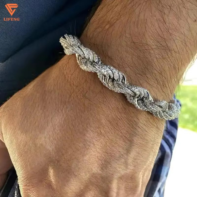 Fashion Jewelry White Gold 925 Sterling Silver Bracelet Iced Out 8 mm VVS Moissanite Hip Hop Rope Chain Charm Bracelet for Men
