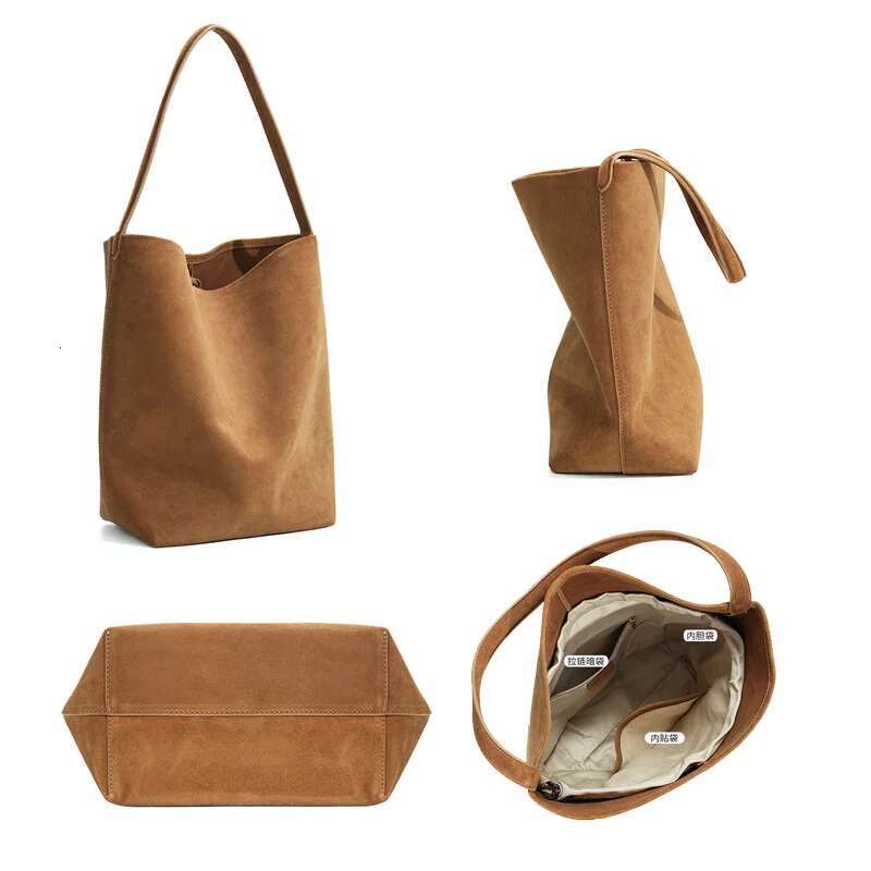 2024 Autumn New Women Suede Lady Large Capacity Bucket Tote Female Underarm Shoulder Bag Commuter Soft Split Leather Handbag