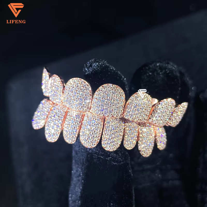 Rose Gold Deep Cut Teeth Grillz Iced out VVS Moissanite Silver Grillz Custom Hiphop Jewelry Men Rapper Punk 8/8 Diamond Grillz