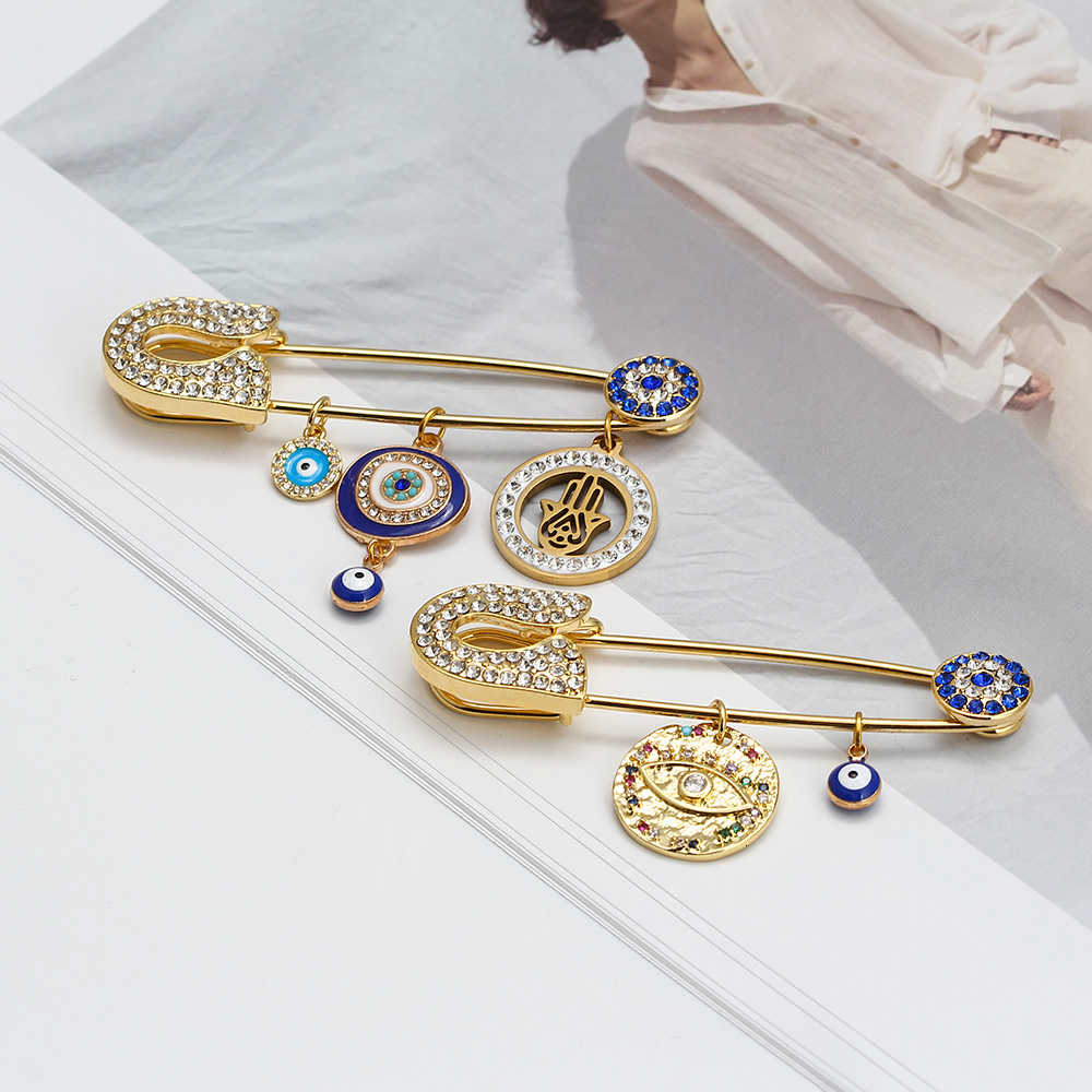 Lucky Eye Heart Fatima Hamsa Hand Blue Turkish Evil Eye Charm Brooch Pin Gold Silver Color Brooch for Women Girls Jewelry BE218