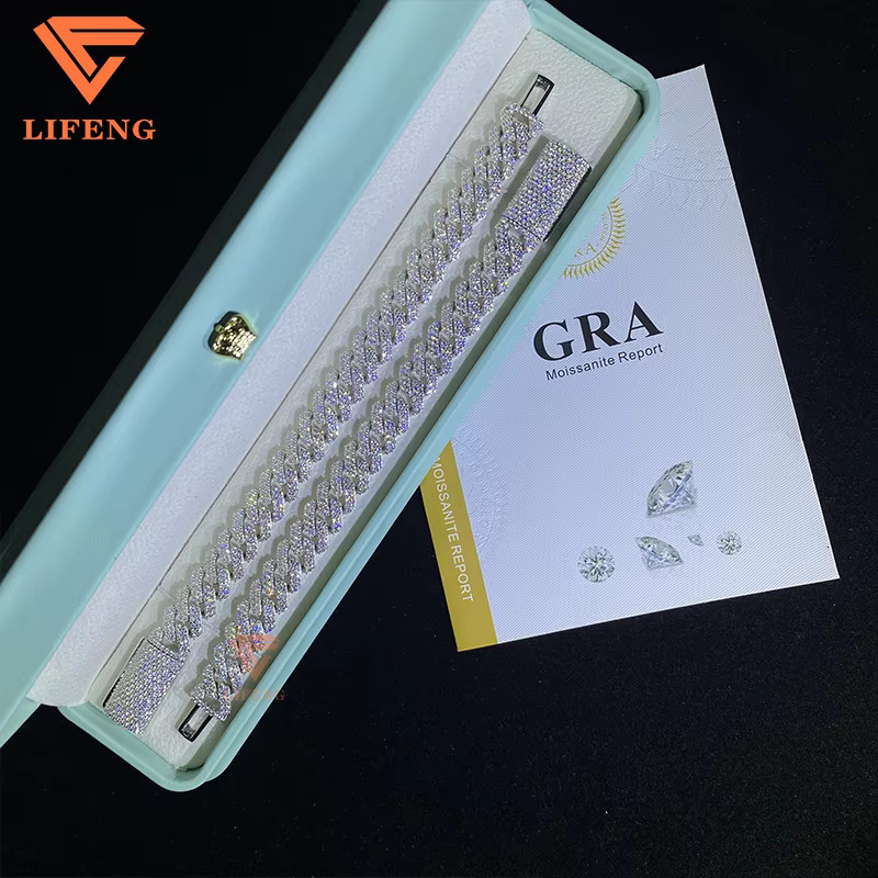 12mm Cuban Link Chain 2row Moissanite Bracelet Diamond 925 Sterling Silver Men VVS D Moissanite Hiphop Cuban Bracelet