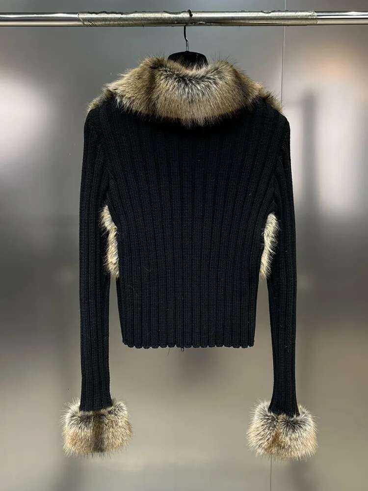 DEAT Fashion Women's Spliced Fake Fox Plush Knitted Cardigan 2024 Winter New V-Neck Long Sleeves Zipper Sweater Female 11Xx7778
