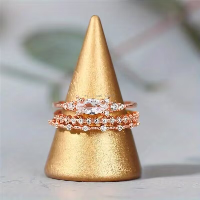 3pcs/set Dia Inlaid Stackable Horse Eye Stone Ring Shiny Zircon Sterling Sier Gold Plated Wedding Engagement Rings for Women Jewelry