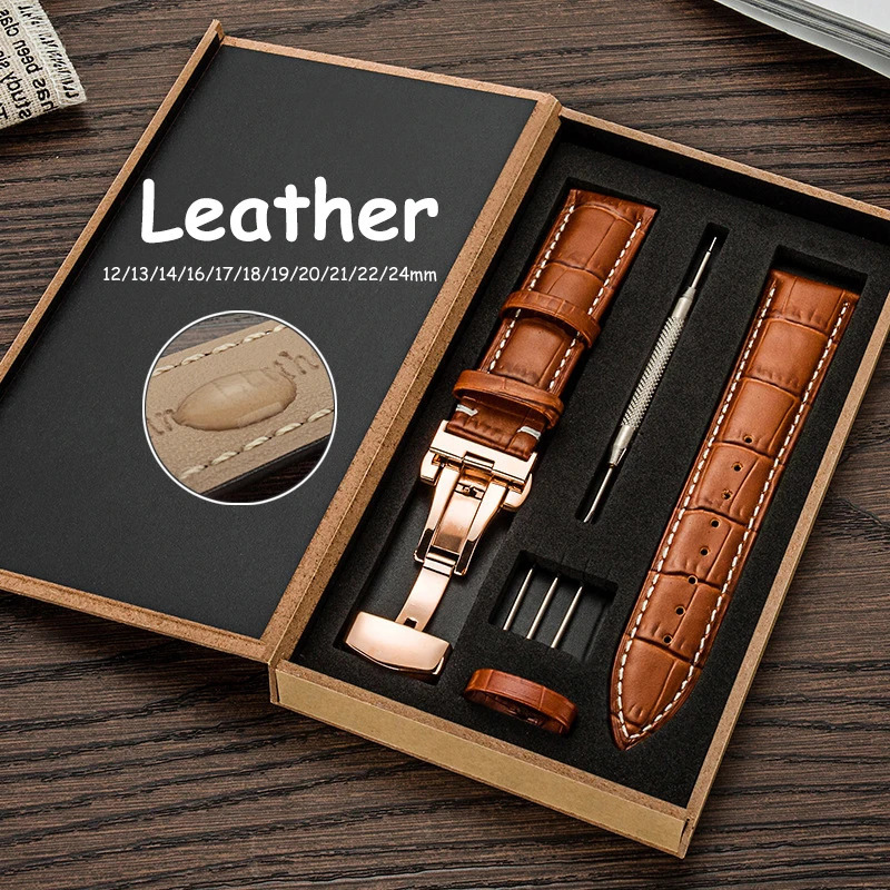 Genuine Leather Watch Strap 12 13 14 16 17 18 19 20 21 22 24mm Universal Belt Bracelet with Box Butterfly Buckle Band Wristband 250304