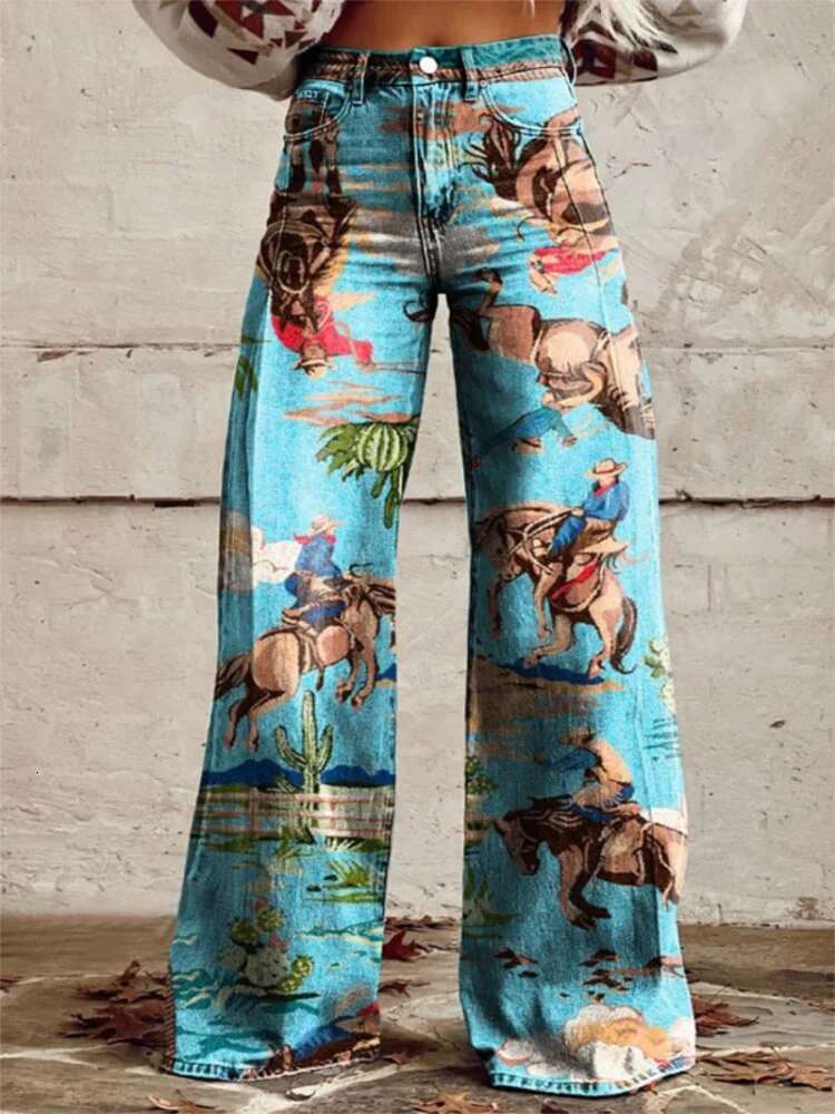 2025 New Spring/Summer Autumn Women's Long 3D Digital Printed Imitation Denim Thin Fabric Designer Color blocked Wide Leg Pants5