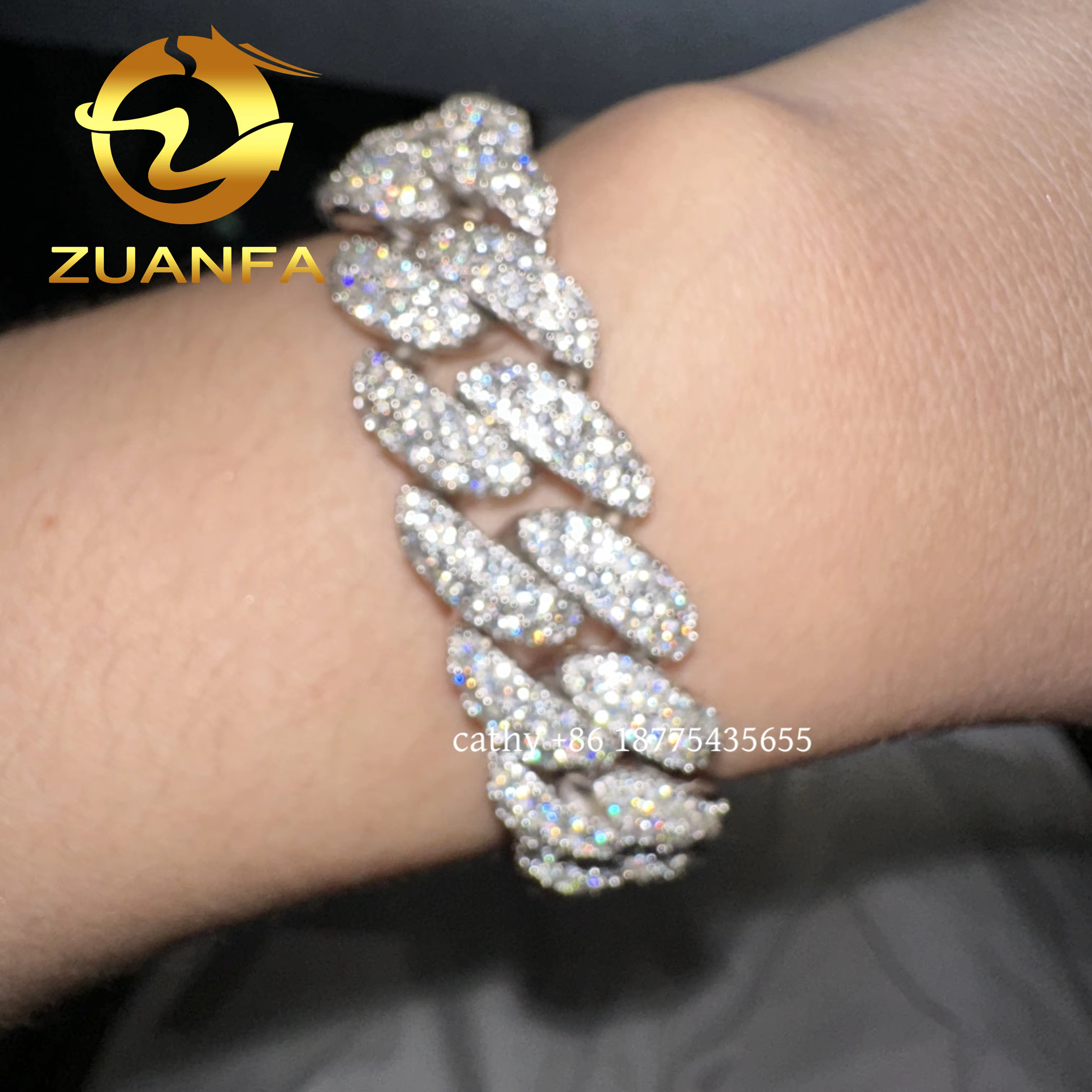 High End 15mm Width Solid 925 Silver Moissanite Diamond Cuban Men Bracelet Iced Out Rapper Miami Big Diamond Bracelet