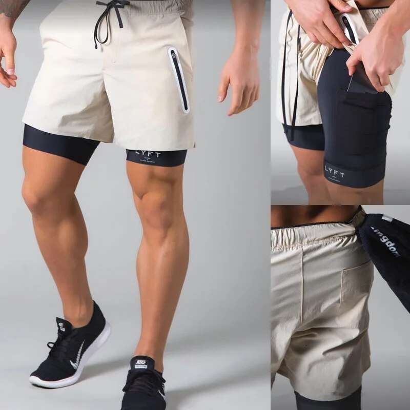 Men's double-layer fitness shorts, quick drying breathable woven summer shorts, 2-in-1 training gym clothing