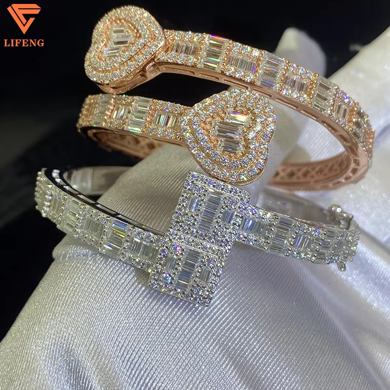 Ready to Ship Baguette Moissanite Open Cuff Heart Bangle 925 Sterling Silver Iced Out Moissanite Adjustable Bracelet for Women