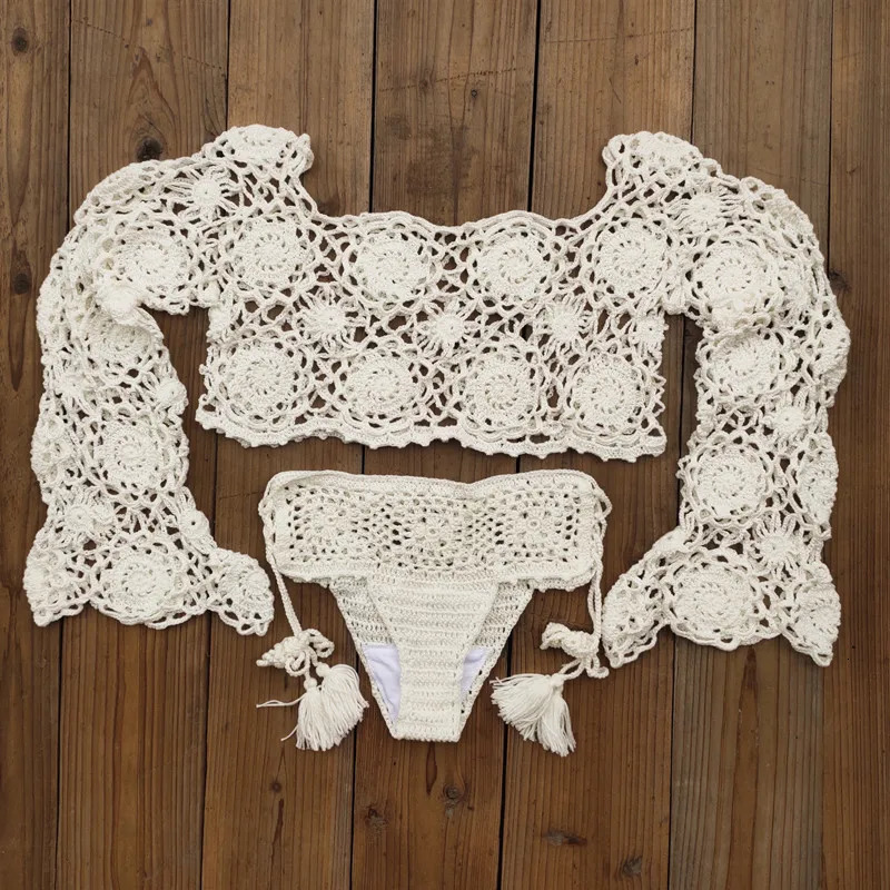 Handmade crochet bikini set womens bohemian sexy coverage swimsuit beach swimsuit holiday clothing 250314