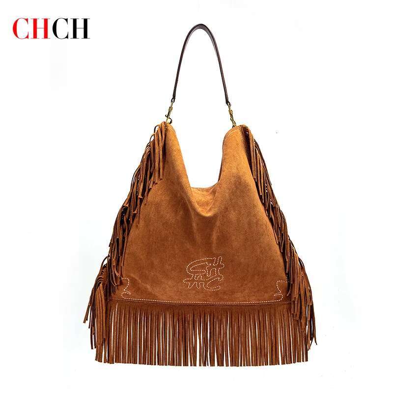 CHCH Tote 2025 New Brown Tassel Bag Retro Simple Women's Handbag Large Capacity