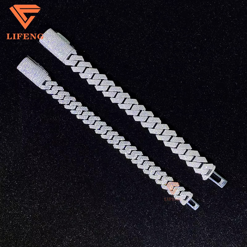 Mens 12mm 2-Row 925 Solid Sterling Silver Iced Hip Hop Bracelet VVS Moissanite Diamond Tester Cuban Link Chain Pass Diamond