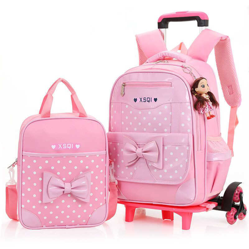 Student girls Tow bag with two wheels can climb stairs Children elementary school students pull rod backpack for grades 1-6 2 wheels waterproof X25031