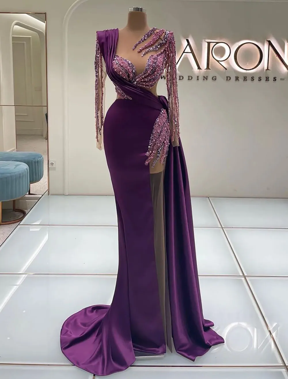 Elegant Purple Satin Mermaid Prom Dresses 2025 Sheer Neck Long Sleeves Plus Size Formal Evening Ocn Gowns For Arabic Women
