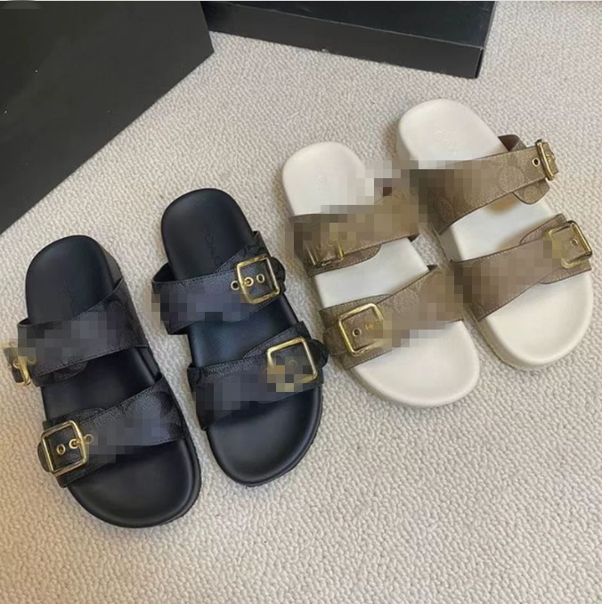 Fashion Slippers Sandals double Straps Ladies Feel Calfskin Leather sandals mens womens Metal Buckle Summer Beach Slides sandals AA3