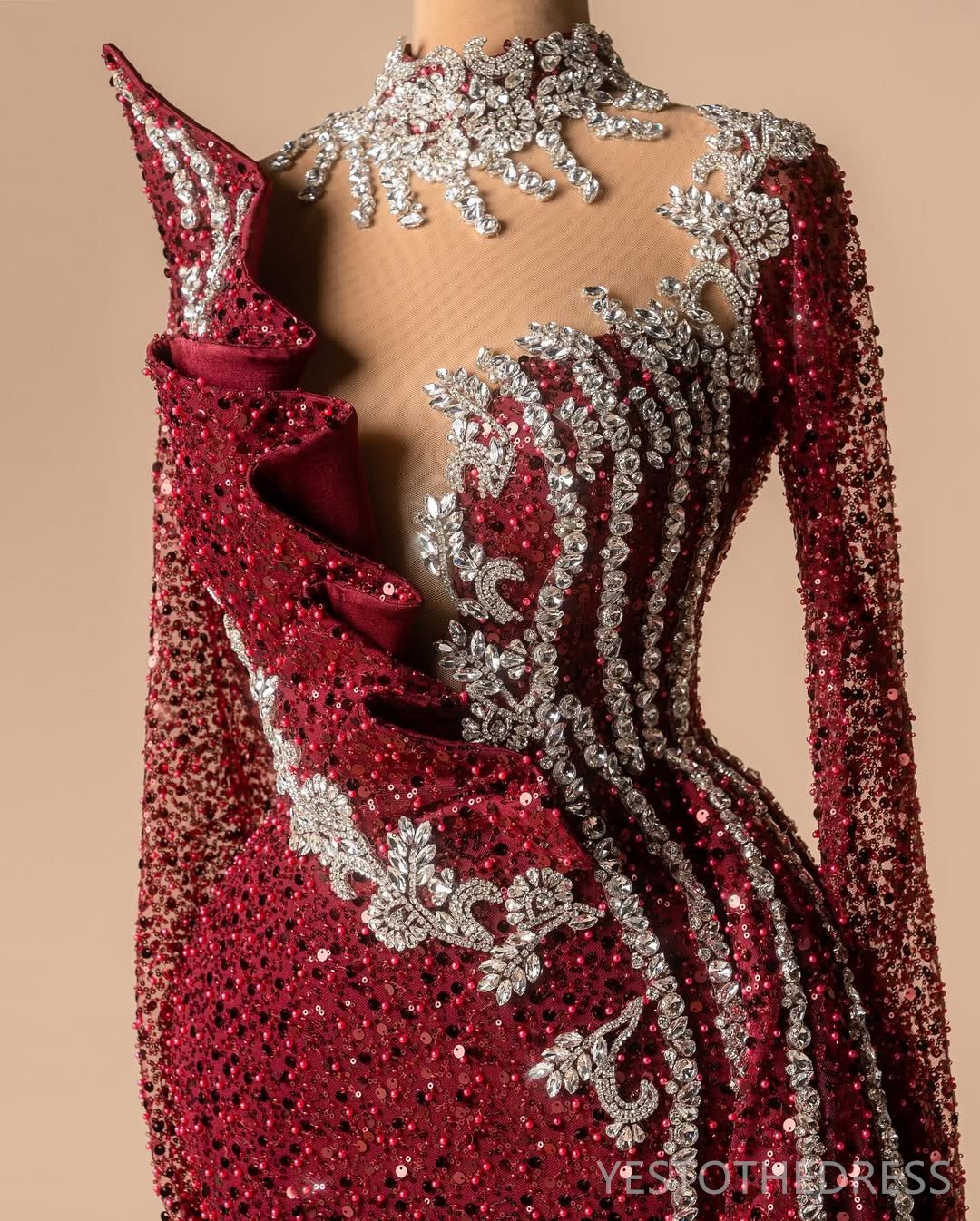 2025 Aso Ebi Dark Red Prom Dresses Mermaid Evening Dresses For Special Occasions High Neck Long Sleeves Beaded Lace Birthday Dress Second Reception Go