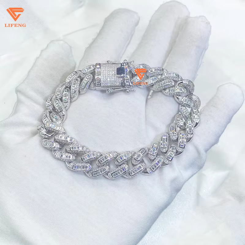Fashion Jewelry White Gold Plated Charm Bracelet S925 Iced Out 14mm Baguette VVS Moissanite Hip Hop Cuban Chain Bracelet for Men