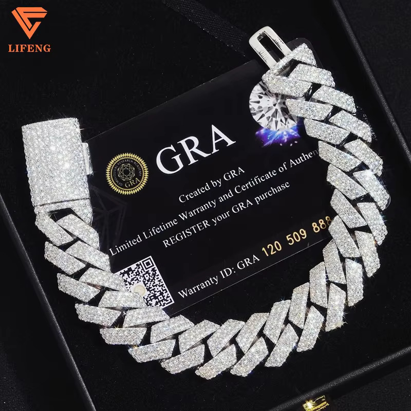 White Gold Plated 925 Sterling Silver VVS Moissanite Diamond Cuban Link Chain Bracelet Iced Out Mossanite Jewelry for Men
