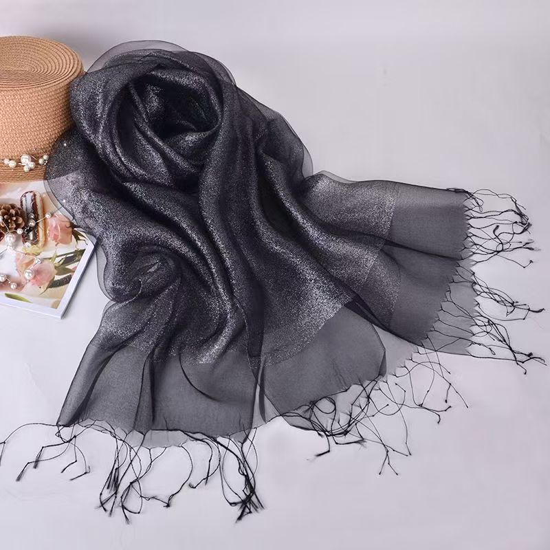 T300 Spring and Summer Silk Scarf Shawl Double-layer Contrast Gold Tassel Silk Organza Beach Scarf