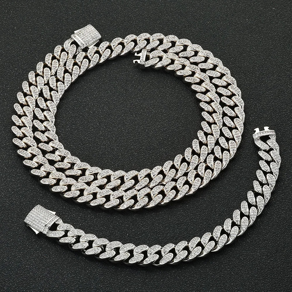 Glamorous 12mm Ice Out Cuba Link Chain Womens 2Row CZ Stone Miami Necklace Hip Hop Jewelry Set y Gift 250317 VVS