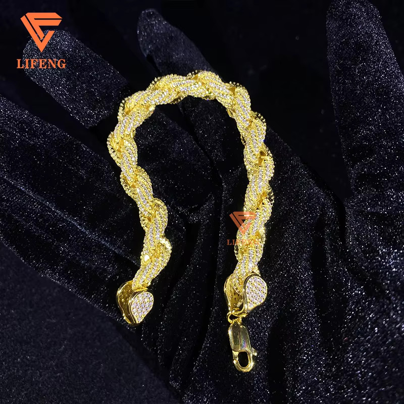 8mm Gold Plated 925 Sterling Silver Rope Chain Bracelet Custom Hip Hop Moissanite Diamond Fine Jewelry Rope Bracelet for Women