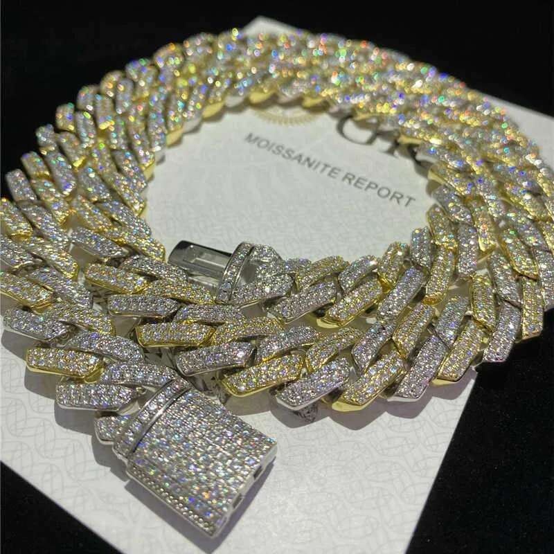 14mm Two Tone Vvs Necklace Sterg Sier Hip Hop Jewelry Moissanite Dia Cuban k Chain