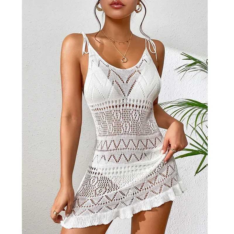 Sexy Womens Crochet Beach Dress See-through Beachwear Pareo Swimsuit Woman Bathing Suit White Dress Beach Cover Up Women Holiday M250304