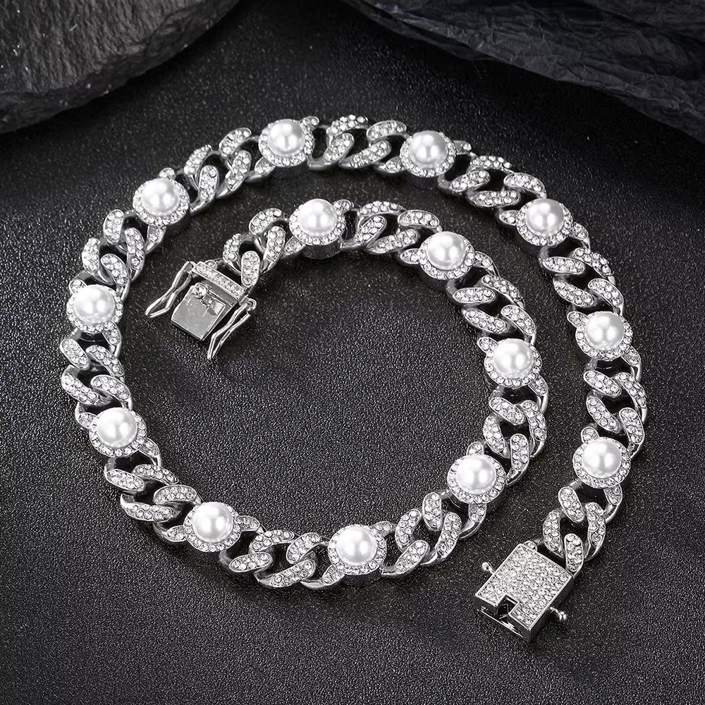 S925 Silver Hip Hop Jewelry 15MM Iced Out Pearl Beads VVS Moissanie Diamond Bracelet Necklace 18K Gold Plated Cuban Link Chain