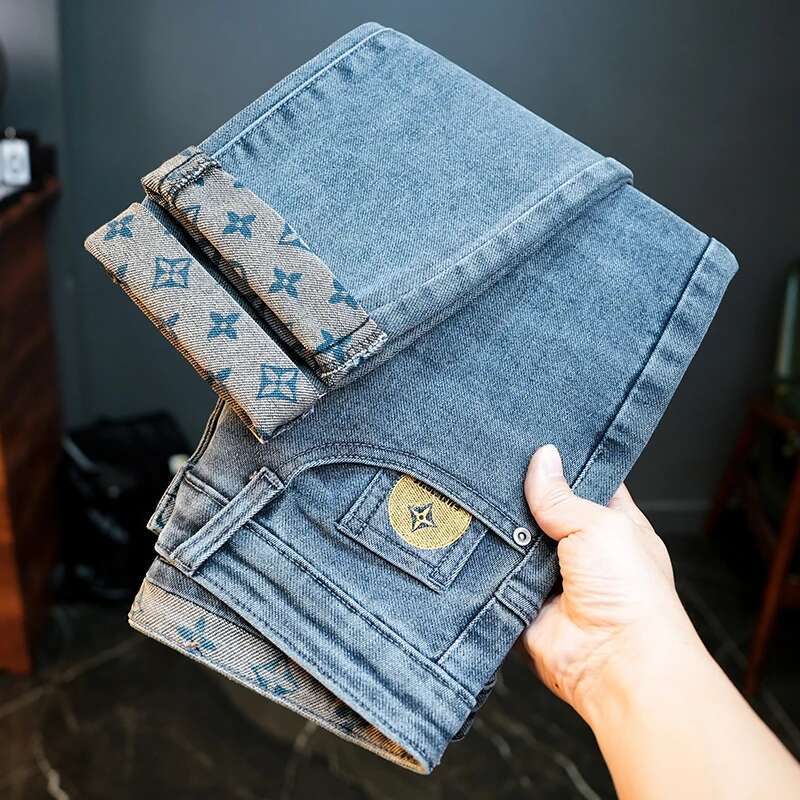2025 new soft and elastic fashionable slim fit corrugated denim pants men's spring straight leg high street pants elastic waist retro casual desi