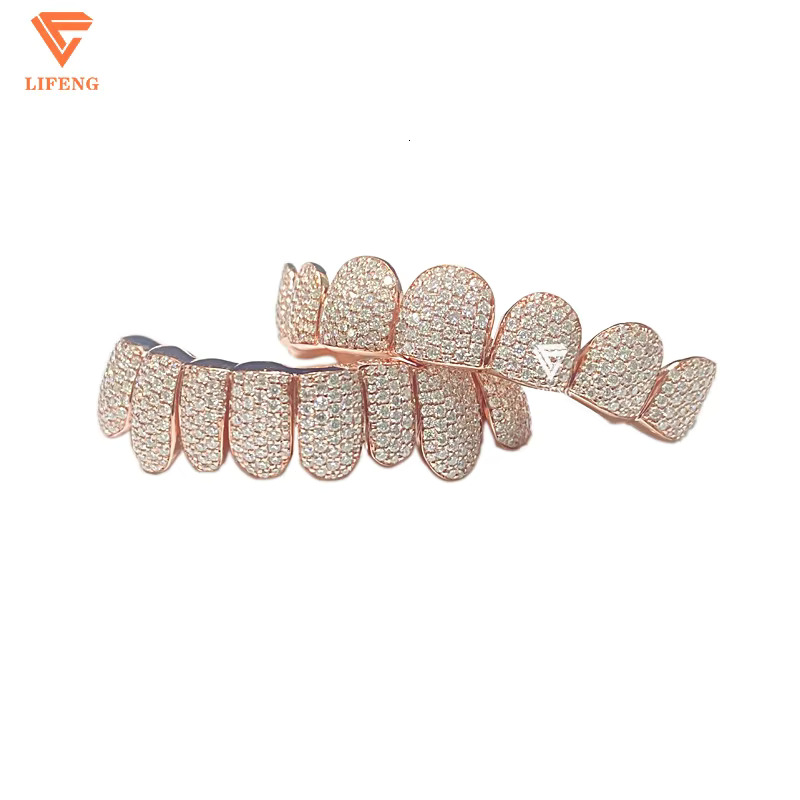 Rose Gold Deep Cut Teeth Grillz Iced out VVS Moissanite Silver Grillz Custom Hiphop Jewelry Men Rapper Punk 8/8 Diamond Grillz
