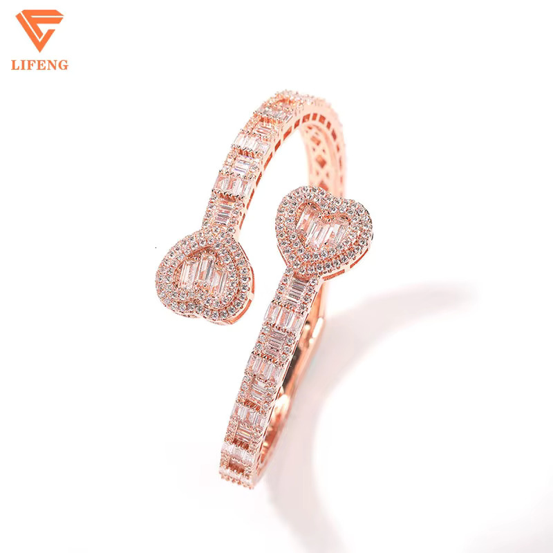 Ready to Ship Baguette Moissanite Open Cuff Heart Bangle 925 Sterling Silver Iced Out Moissanite Adjustable Bracelet for Women