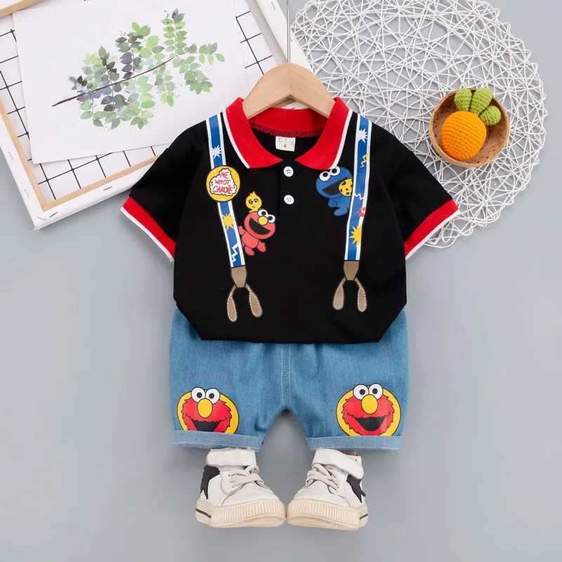 Baby Clothing Cute Sesame Street Printed Clothing Set Summer Soft Polo T-shirt+Shorts 2-piece Set W250317 y250607M6L0