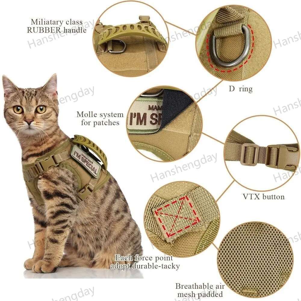 Nylon Tactical Cat Harness Cloth For Walking Escape Proodjustable Soft Mesh Pet Vest,Large Adult Cats Chest Clothes&Small Dog