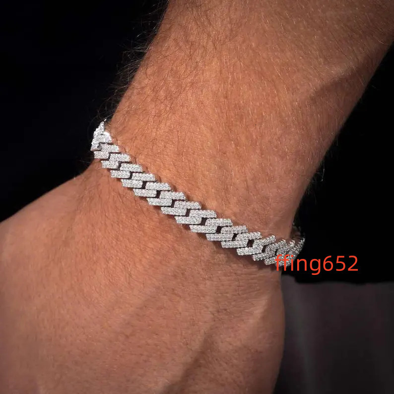 EAST S925 Iced Out Cuban Link Bracelet 10MM Moissanite 2 Row Round Cut Pass Diamond Test Luxury Rapper Style Hip Hop Jewelry