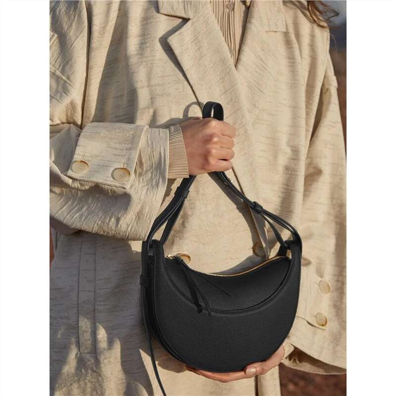 Niche Design Single Shoulder Crossbody Bag Women Comfortable Texture Lychee Patterned Genuine Leather Half Moon Bags Spring New