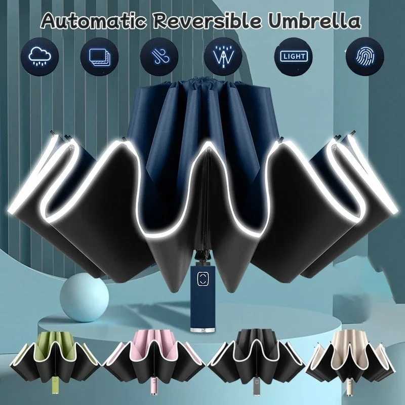 Big Umbrella Windproof Strong With Reflective Stripe Reverse Automatic Fold Umbrella UV Umbrella Insulation Portable ParasolC250317