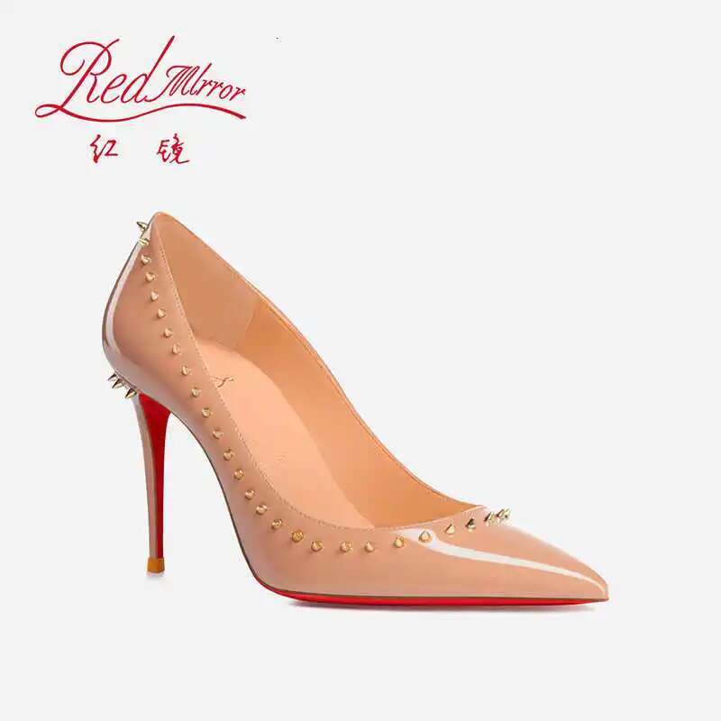 Women's elegant high heel shoes Red Shiny Bottom Heels For Women 2024 Naked color Rivet Pumps Sexy Pointed Toe women 44